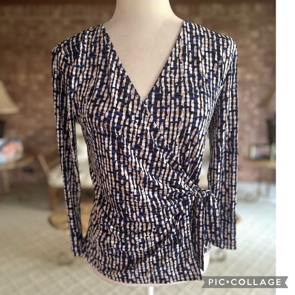 Evan Picone Blue Multi Faux Wrap Jersey Knit Top XS - Picture 1 of 16